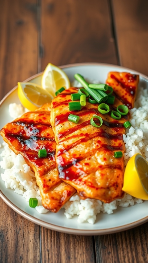 Grilled Szechuan spicy tilapia fillets garnished with green onions, served with rice and lemon on a wooden table.